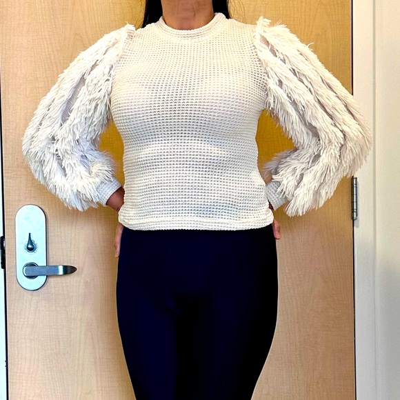 Soft Fur-like Long Sleeve & Waffle Knit Cream Fitted Top - Picture 1 of 5